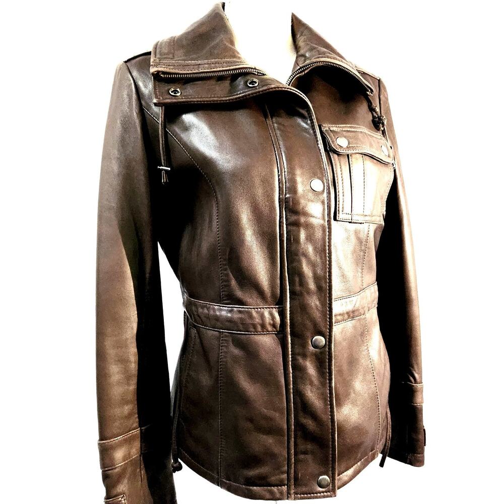 Tibor Lined Jacket Brown Size S Soft Leather Zip & Snap High Collar Classic Look